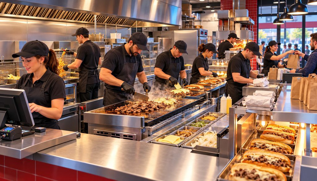 Cheesesteak shop labor flow across grill line, register, wrapping, and pickup